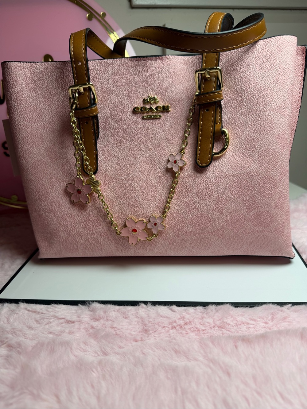 COACH Pink Leather Tote with Tan Strap and Floral Chain